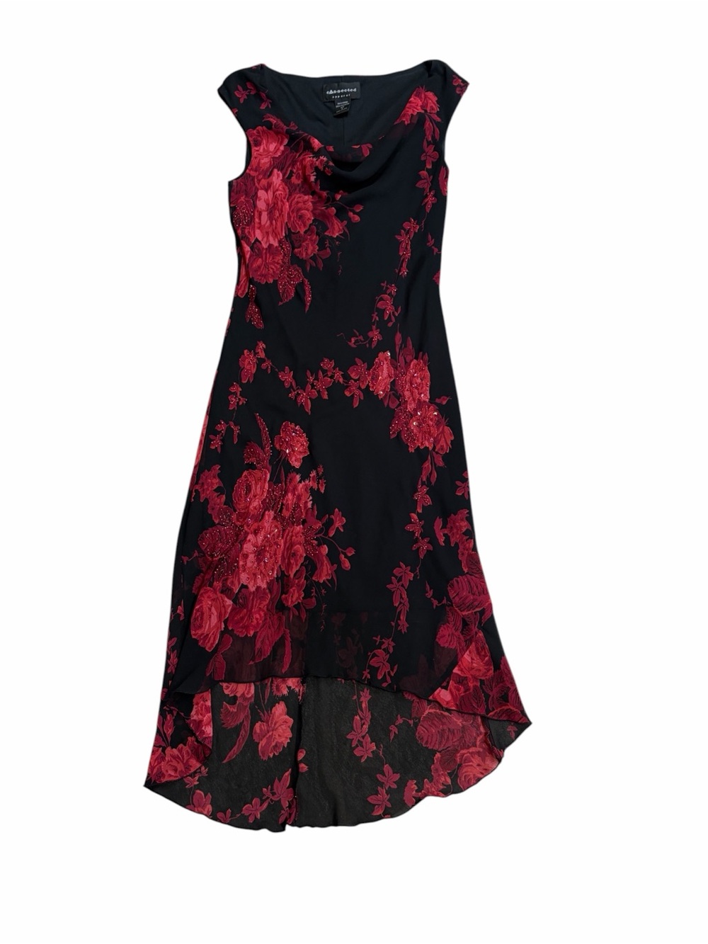 Connected Apparel Black and Red Beaded Floral Print Dress - Size Small